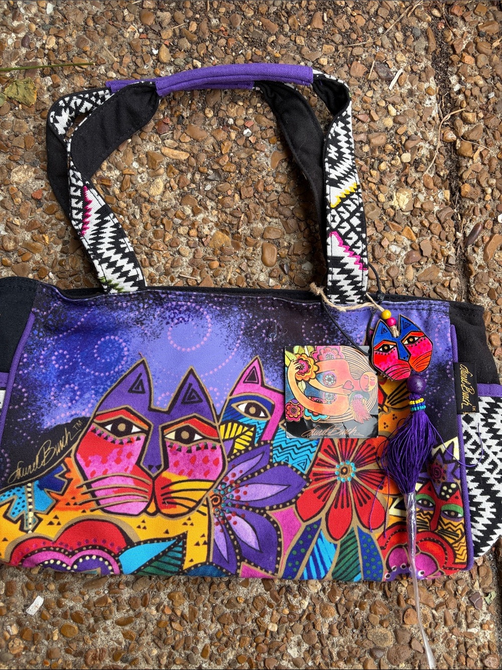 Laurel Burch Purple Multi Cat & Floral Tote with Tassel Charm